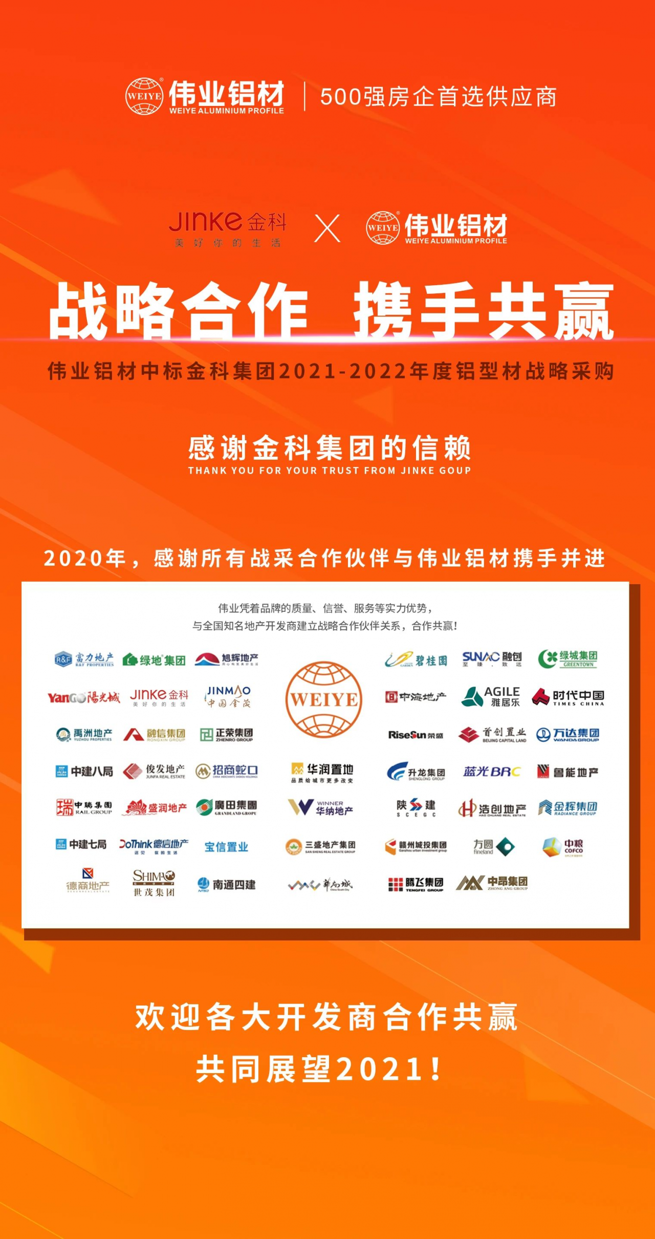 喜報！偉業(yè)鋁材中標(biāo)金科集團鋁型材戰(zhàn)略采購！
